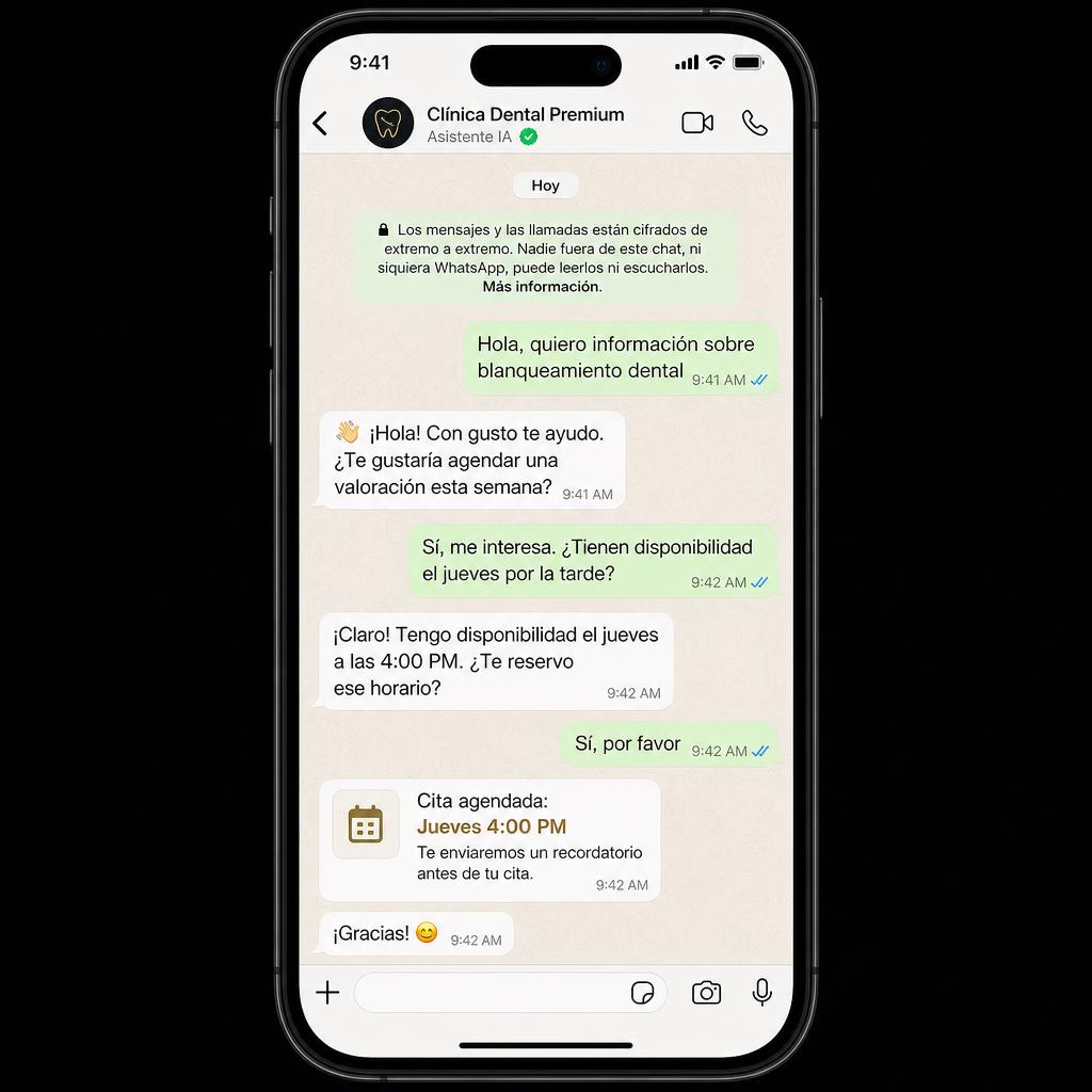 Conversación de WhatsApp donde la IA de Apolonia ADS agenda una cita dental